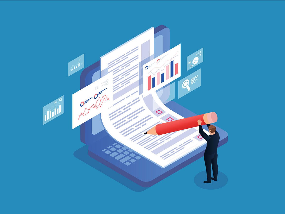 An animation of a report on a laptop