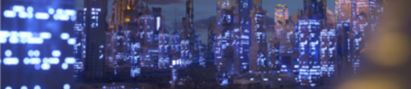 Cityscape with lights on in buildings